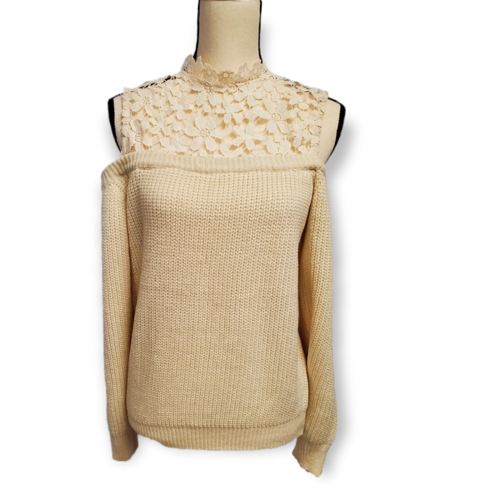 Kilibbi Lace Knit Cold Shoulder Wool Sweater Ivory Color Women's Small/medium
